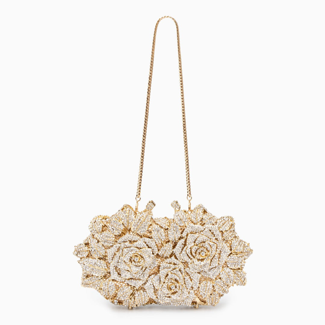 Rose Floral Clutch with Rhinestones and Chain