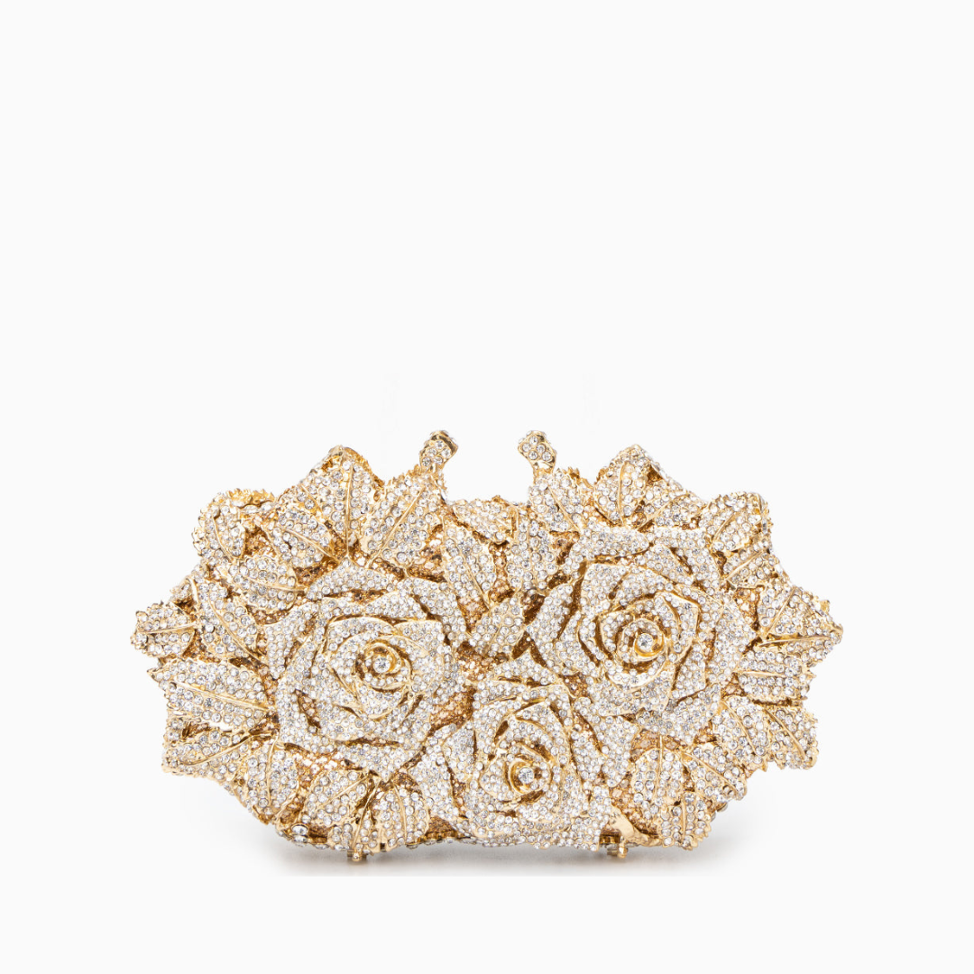 Rose Floral Clutch with Rhinestones and Chain