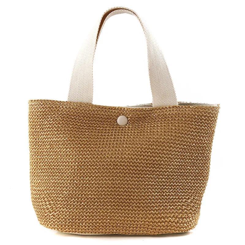 Woven Straw Tote with Fabric Handles and Snap