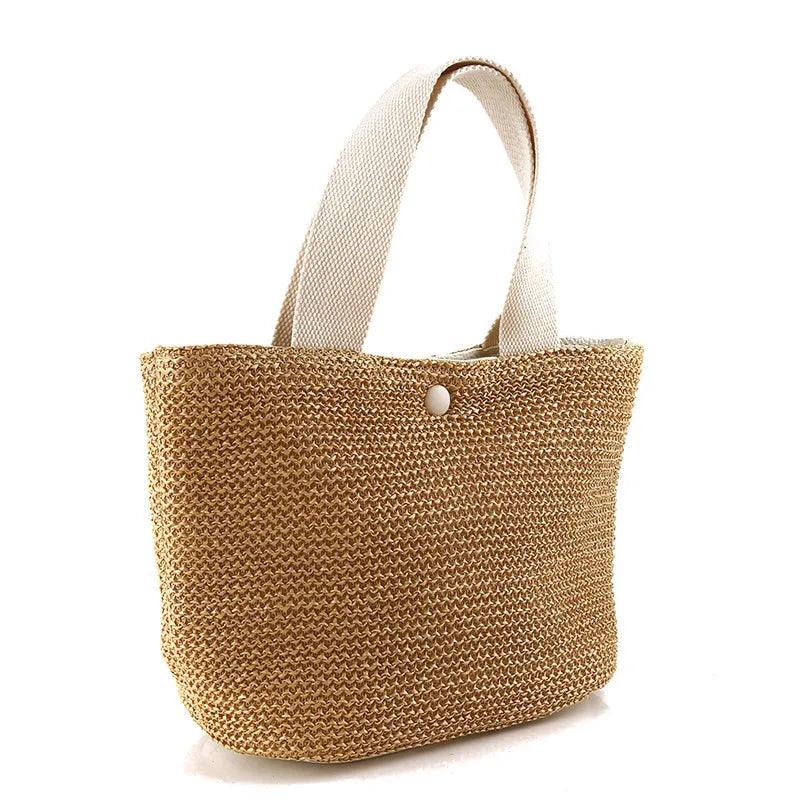 Woven Straw Tote with Fabric Handles and Snap