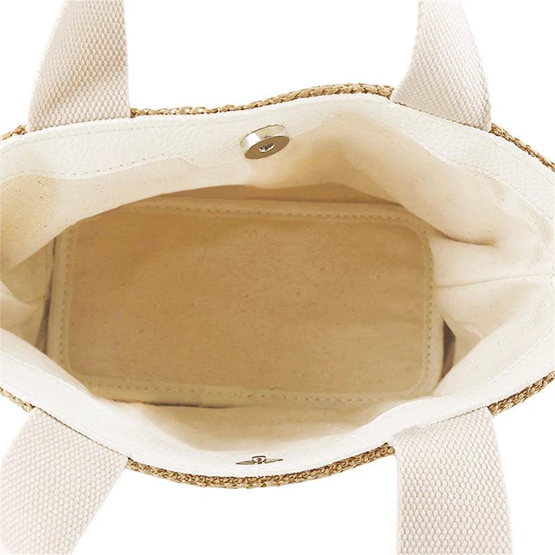 Woven Straw Tote with Fabric Handles and Snap