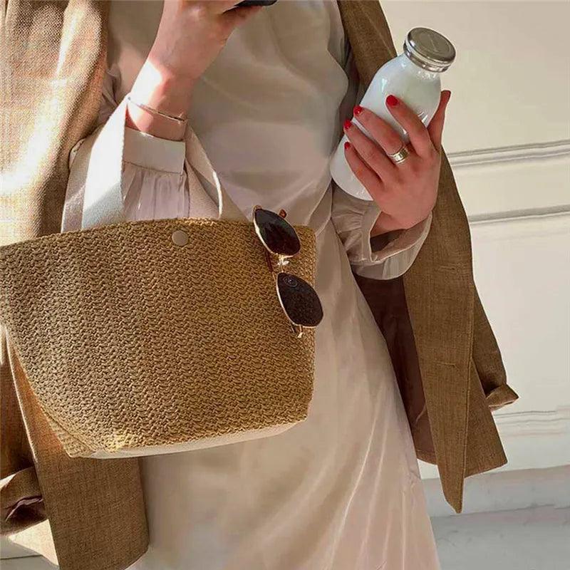 Woven Straw Tote with Fabric Handles and Snap