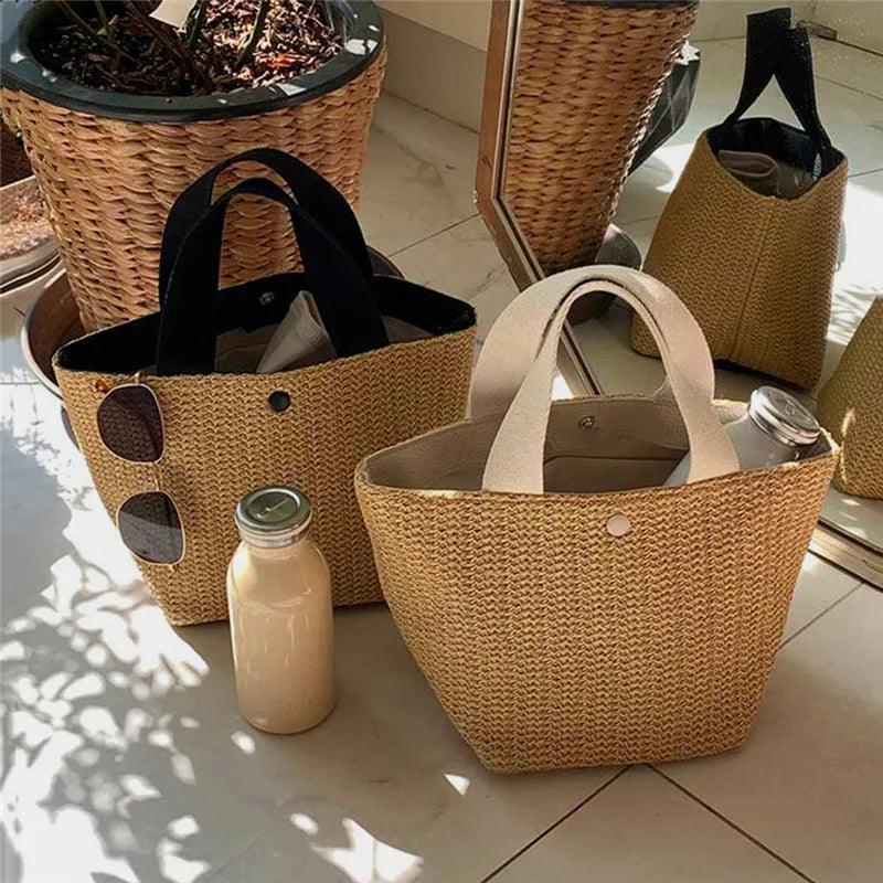 Woven Straw Tote with Fabric Handles and Snap