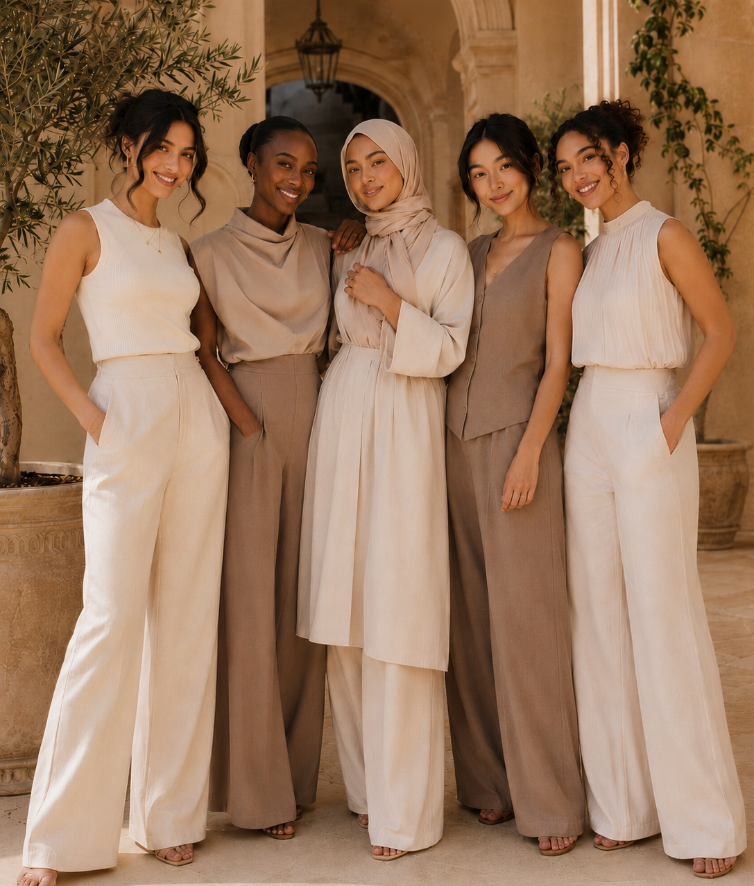 Five women standing together in elegant, coordinated bridesmaid-style jumpsuits in neutral beige, taupe, cream, and white tones, posed in front of a warm-toned stone archway.